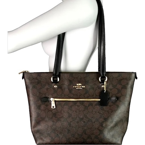 COACH Tote In Signature Leather Dark Brown Black w/ Keychain card holder!! - Picture 1 of 12